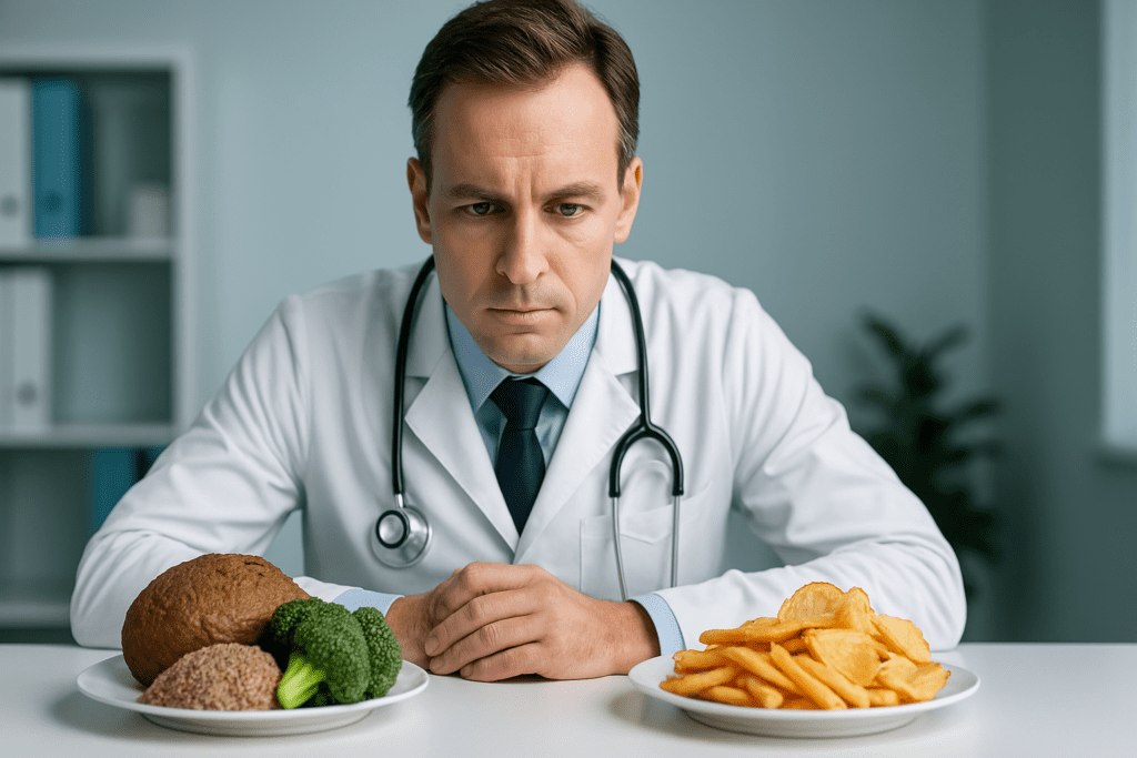 A digital photograph in a clinical setting features a male doctor examining two contrasting plates—one with healthy complex carbs like quinoa and vegetables, the other with unhealthy refined carbs like fries and chips. The cool, clinical lighting and sterile background emphasize the science-based evaluation of good versus bad carbohydrates.