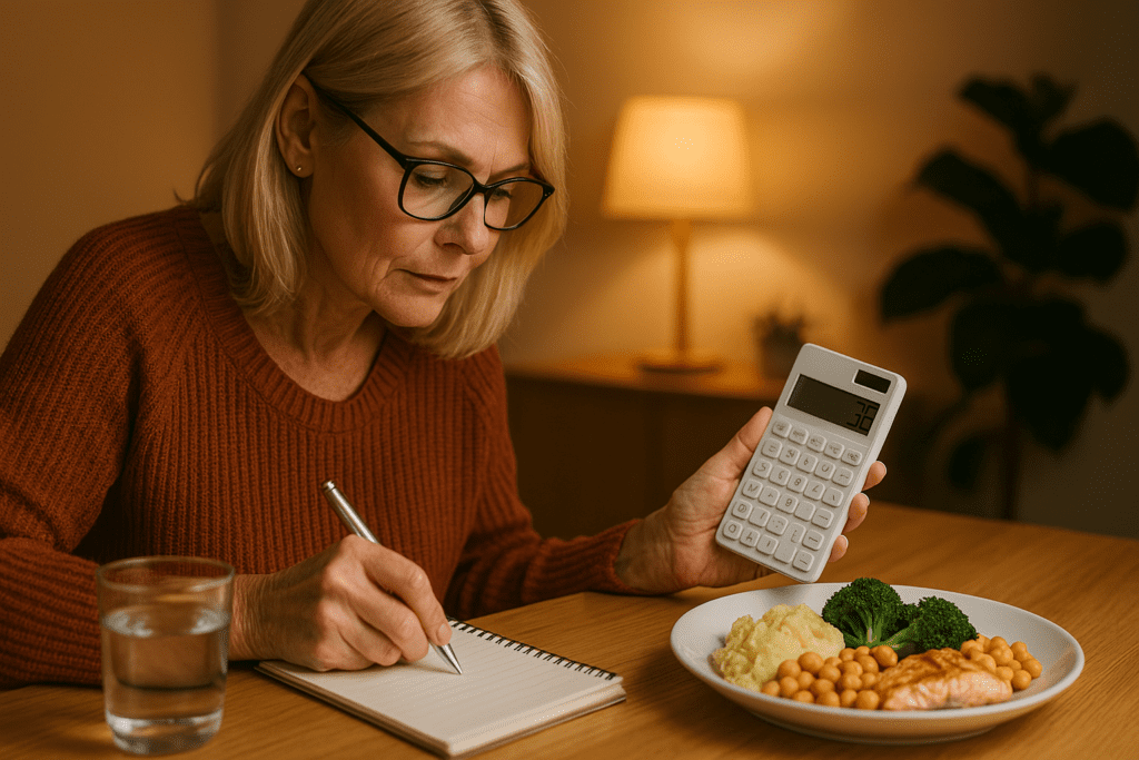A middle-aged woman in warm indoor lighting calculates net carbs using a calculator and notepad, seated at a wooden table with a plate of balanced food. The cozy, softly lit environment enhances the focus on planning carbohydrates per meal for better nutritional balance.
