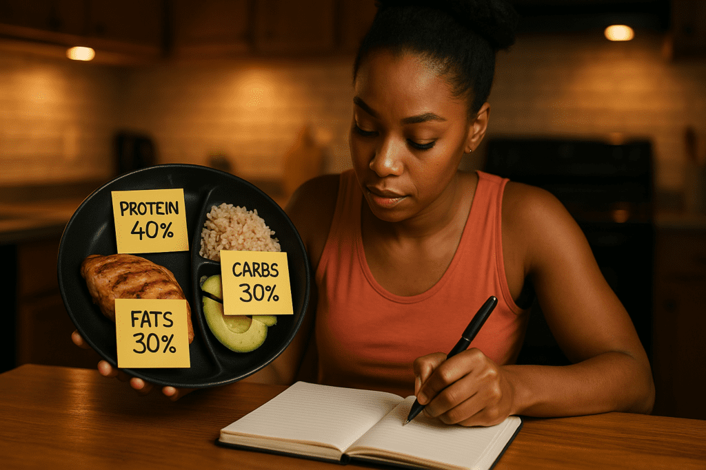 A young African American woman sits at a kitchen table, focused on adjusting the macro ratio percentages in her notebook while holding a black portioning plate with grilled chicken, brown rice, and avocado. The plate is clearly labeled with sticky notes indicating protein, carbs, and fats. The warm, softly lit kitchen with wooden cabinets adds a rustic charm to the scene.