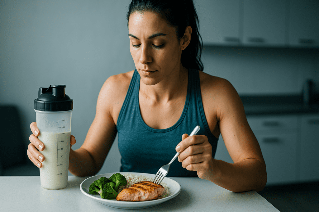 A focused woman in her early thirties sits at a sleek white countertop under cool clinical lighting, consuming a nutrient-dense meal of chicken, rice, and broccoli while sipping a protein shake. The clean, minimalist kitchen reinforces themes of nutritional precision for muscle gain and overall wellness.