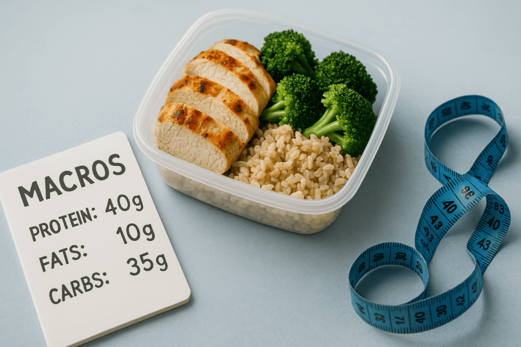 A meal prep container with grilled chicken, broccoli, and brown rice sits on a pale blue surface under cool clinical lighting, accompanied by a macronutrient-tracking notepad and measuring tape. The clean composition highlights the precision of macro counting as a smarter alternative to calorie tracking.