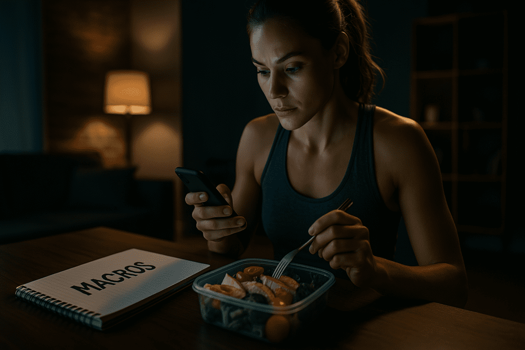 A fit young woman sits in a dimly lit loft, illuminated by a moody lamp glow as she checks her smartphone while eating a salad. The dramatic shadows and her open macro-tracking notebook reflect a focused evening ritual centered on understanding macros for weight management and optimal health.