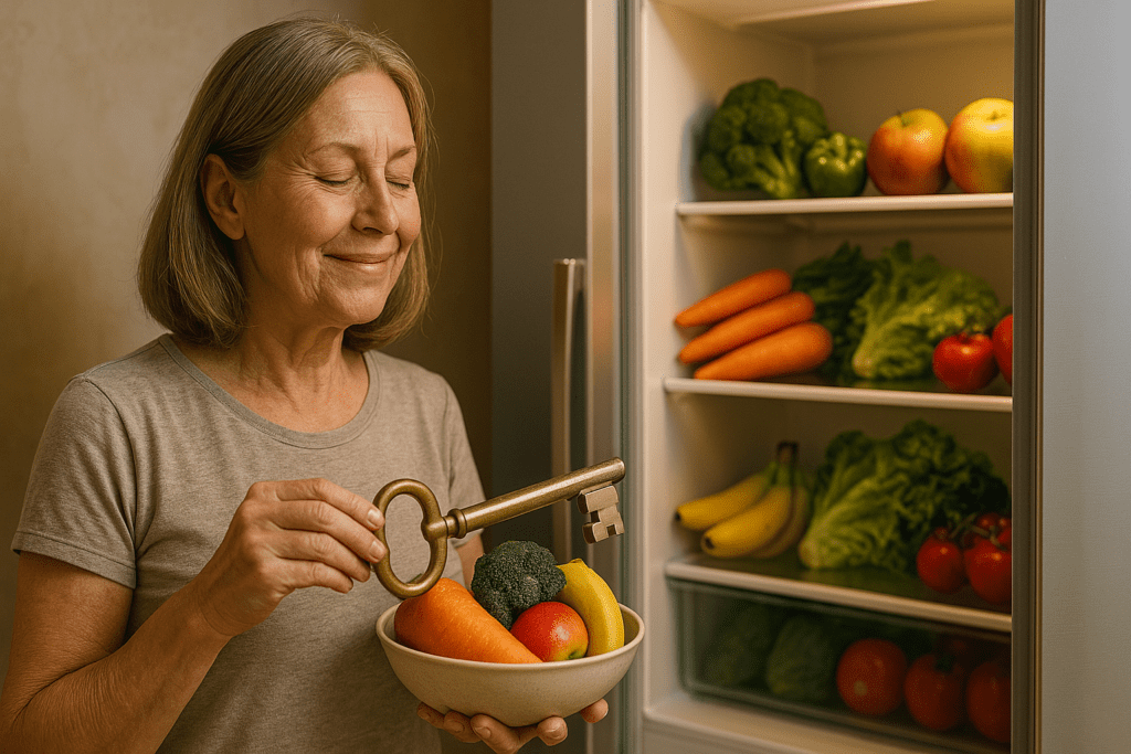 A middle-aged woman uses a brass key to open a refrigerator while holding a bowl of fresh fruits and vegetables, symbolizing the concept of unlocking nutrition for long-term health. The warm indoor lighting enhances the rich colors of the produce and creates a cozy, health-conscious kitchen atmosphere.