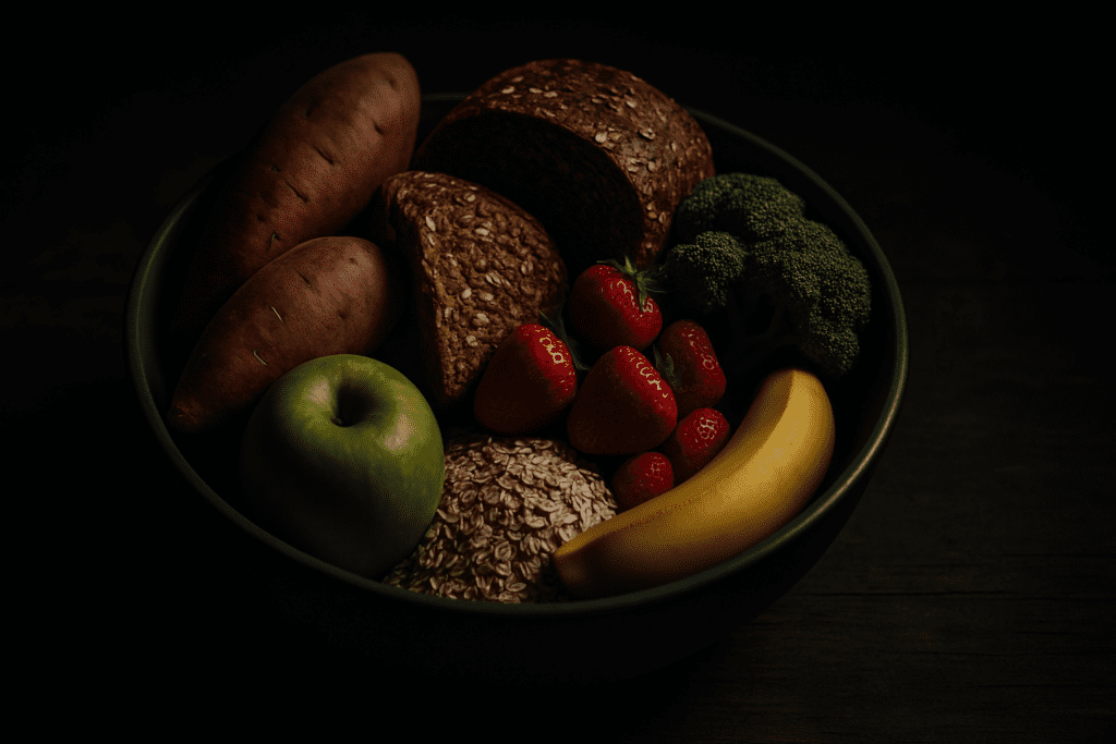 A photograph in low-key lighting depicts a round, dark ceramic bowl filled with healthy carbohydrate sources including strawberries, banana, apple, broccoli, oats, sweet potatoes, and whole grain bread. Set against a rustic wooden surface, the dramatic shadows and moody tone elevate the visual focus on nutrient-dense foods ideal for energy and overall health.