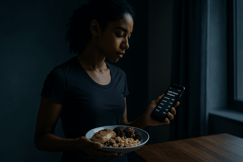 A young African American woman stands in a dimly lit room with dramatic shadows, checking her smartphone for carbohydrate data while holding a plate of nutritious food. The moody lighting and focused expression underscore the importance of intentional carb tracking in personal health optimization.