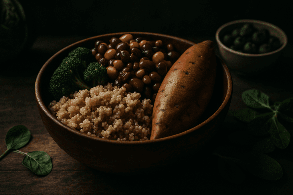 A moody image displays a rustic wooden bowl filled with roasted sweet potato, quinoa, beans, broccoli, and blueberries, under dramatic side lighting. The dark shadows and rich textures create a powerful visual emphasizing high-fiber, nutrient-dense foods ideal for weight loss and longevity.