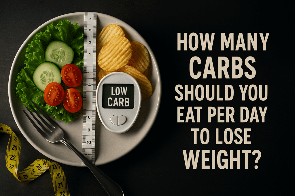  A halved plate of mixed salad and potato chips sits on a rustic wood table beside a rolled measuring tape under moody, directional lighting. The dramatic contrast and portion-focused setup visually explore daily carbohydrate decisions and their role in weight loss nutrition strategies.