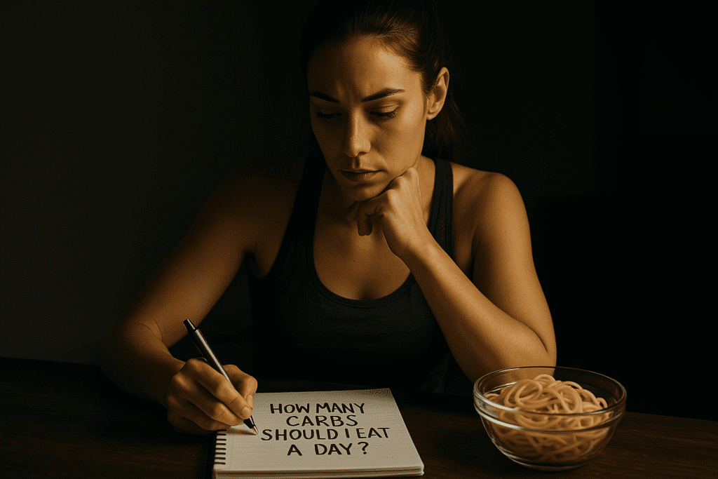 A moody, low-light image shows a young woman at a wooden table, intently looking at a notepad with a question about carbohydrate intake while a bowl of pasta sits nearby. The dramatic shadows and focused lighting create a contemplative atmosphere, symbolizing personal reflection on daily carb consumption and diet choices.