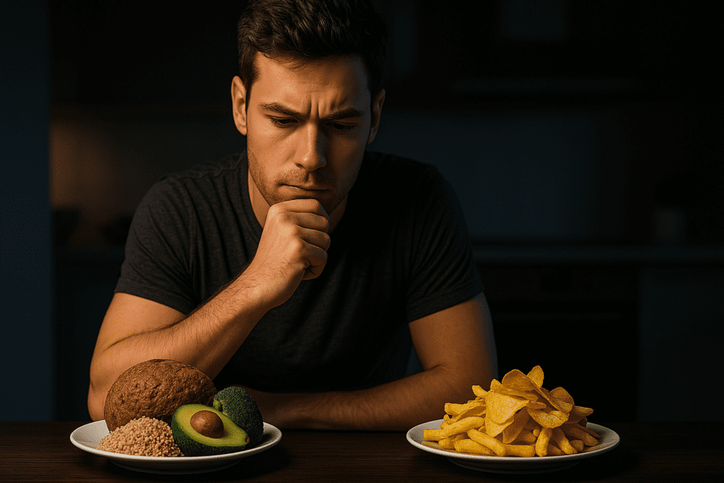 A photograph captures a young Caucasian man in a moody, dimly lit kitchen, thoughtfully comparing two plates—one with healthy carbs like whole grains and broccoli, and the other with fries and chips. Dramatic shadows and warm ambient lighting reflect the internal struggle of making smart carb choices.