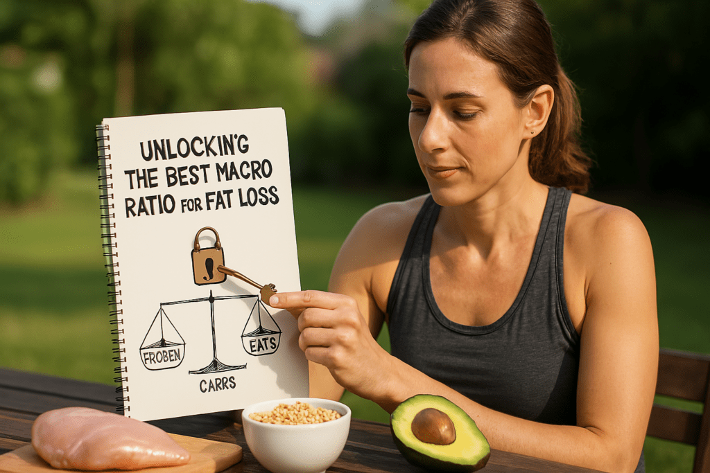 A photograph of a fit woman with fair skin shows her seated outdoors at a wooden table in soft morning light, surrounded by a simple backyard setting. She concentrates on a notebook detailing macro ratios for fat loss, with chicken, brown rice, and avocado nearby, symbolizing a balanced approach to protein, carbs, and fats.