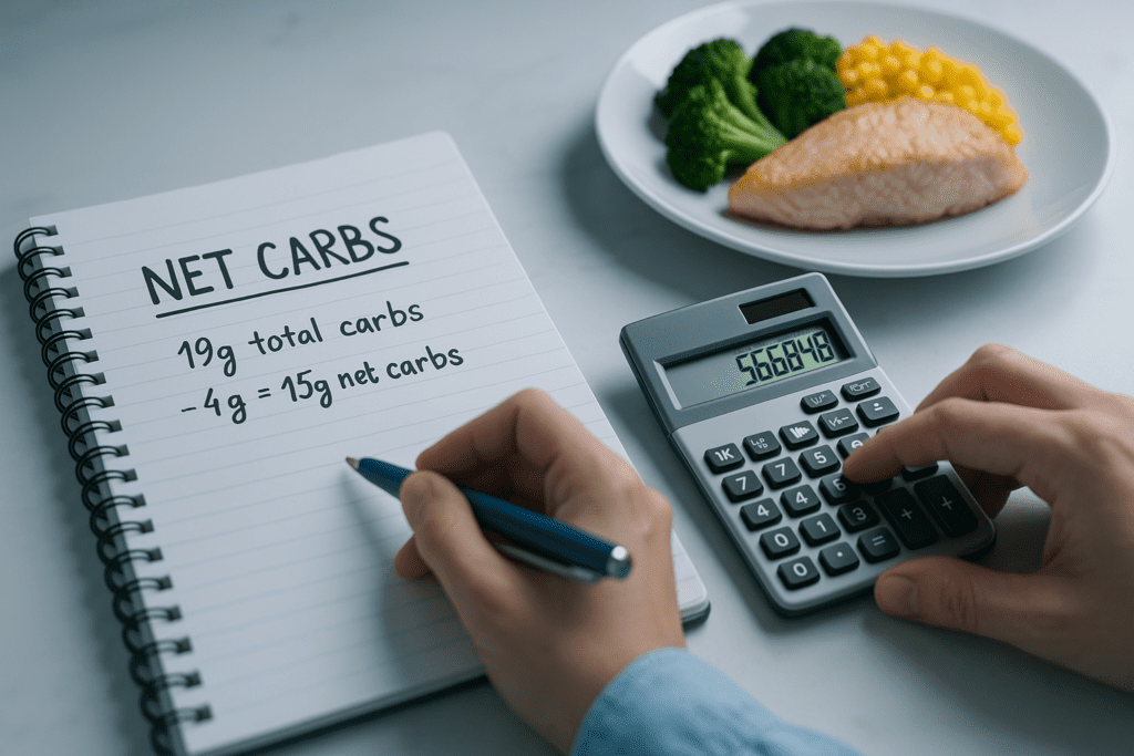 In a clinical lighting setting, a close-up shows a person's hands using a calculator and pen to work out net carbohydrates, with a clear formula written in a notebook. The clean, organized scene highlights the precision and methodical approach required to calculate carbs per meal for balanced nutrition.