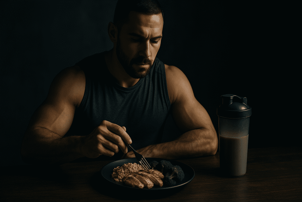 A muscular man in his thirties sits at a dark wooden table under moody, dramatic lighting, examining a protein-rich meal of grilled chicken, quinoa, and broccoli. The stark shadows and intense focus highlight the discipline required for optimizing nutrition for muscle growth and longevity.