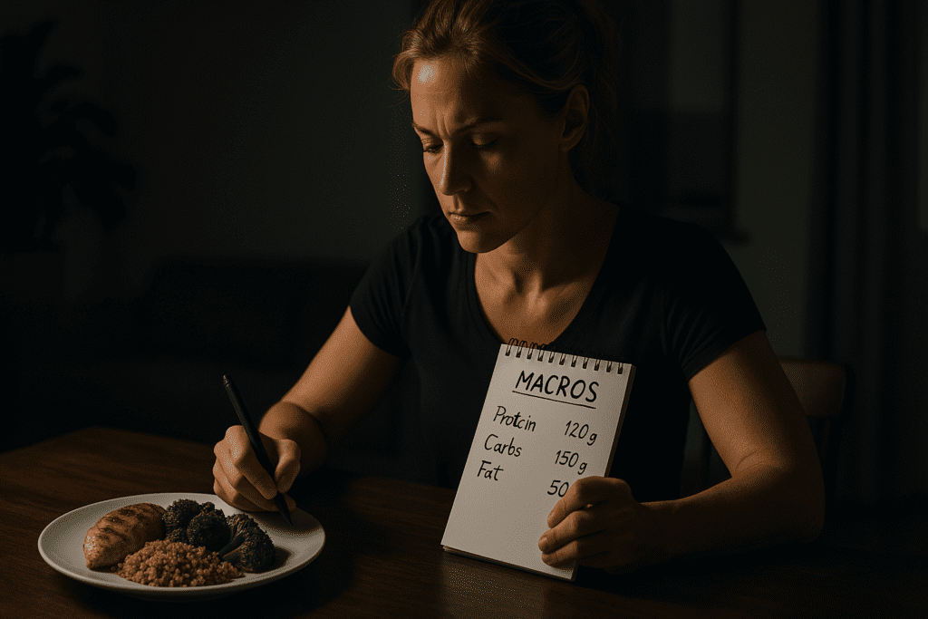  A woman in moody, dramatic lighting sits at a table, deeply focused on writing macronutrient data in a notepad beside a balanced plate of food. The dim environment emphasizes her commitment to macro tracking for smarter nutrition and long-term health goals.