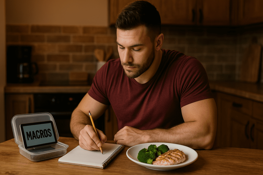 A muscular man in his late twenties sits at a wooden table in a warmly lit kitchen, tracking his macros by writing in a notebook beside a healthy meal and a digital food scale. The inviting indoor ambiance reflects a disciplined routine centered on macro counting for muscle gain and balanced nutrition.
