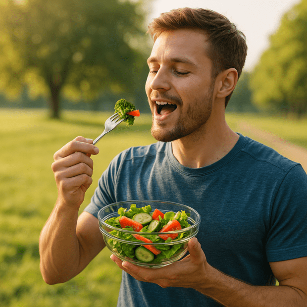 A young man with a fit physique eats a colorful salad in a sunlit park, representing the benefits of nutrient-rich foods for health and energy. The soft natural morning light highlights the freshness of the setting, with greenery in the background supporting a wellness-focused atmosphere.