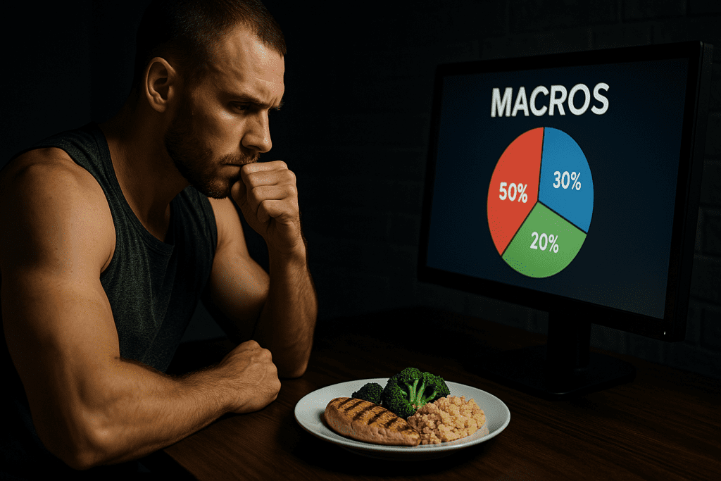 A muscular man in a moody, dimly lit room examines his macronutrient breakdown on a computer screen while a plate of chicken, broccoli, and rice glows under soft light. The dramatic lighting and focused expression convey dedication to using macro calculators for precise fat loss nutrition.