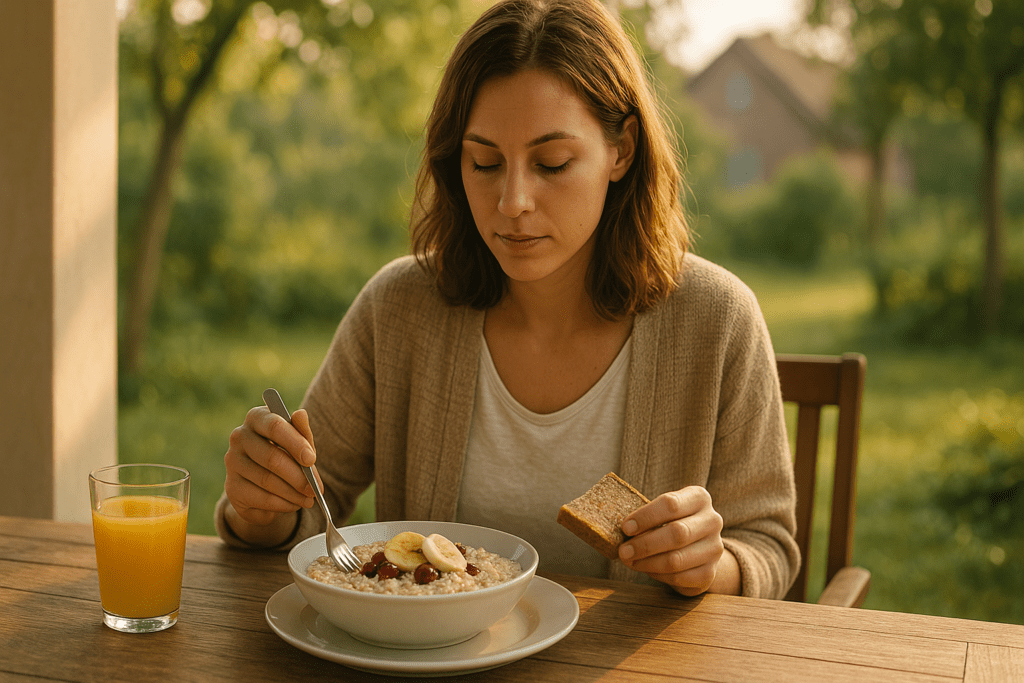 A young woman in her late twenties sits outdoors in soft natural morning light, enjoying a balanced breakfast of oatmeal, fresh fruit, and juice. The peaceful garden setting and rustic table evoke a sense of calm, ideal for optimizing blood sugar, energy, and metabolism with a healthy carbohydrate intake.