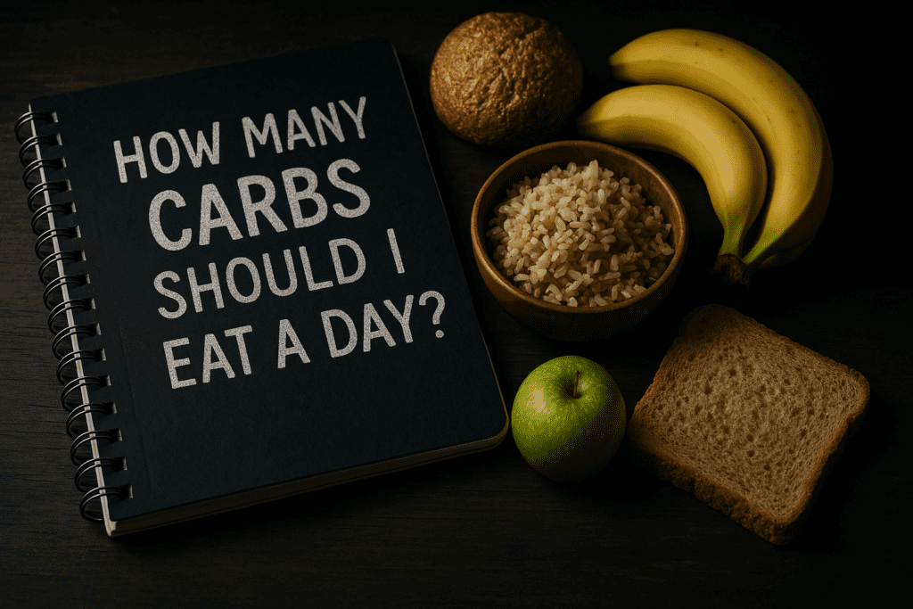 A spiral-bound notebook with the question “How many carbs should I eat a day?” is opened on a rustic wooden table, beside an artful display of whole grain bread, brown rice, and bananas under dramatic, moody lighting. The rich shadows and high-contrast setting convey a serious, reflective mood about daily carbohydrate choices and health-conscious eating.