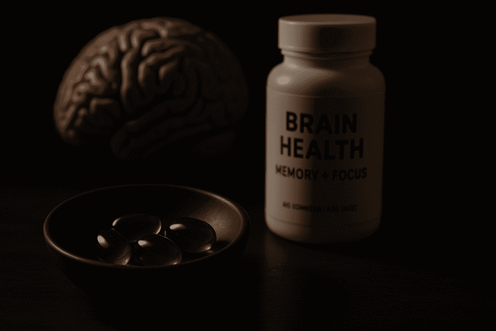 Four glossy amber softgel capsules rest in a matte black bowl on a dark surface, with a supplement bottle labeled “Brain Health – Memory + Focus” and a brain model subtly visible in the background under dramatic, moody lighting. The shadowed setting emphasizes the supplements’ premium quality and evokes a serious, reflective tone related to long-term cognitive health and mental focus for adults.





