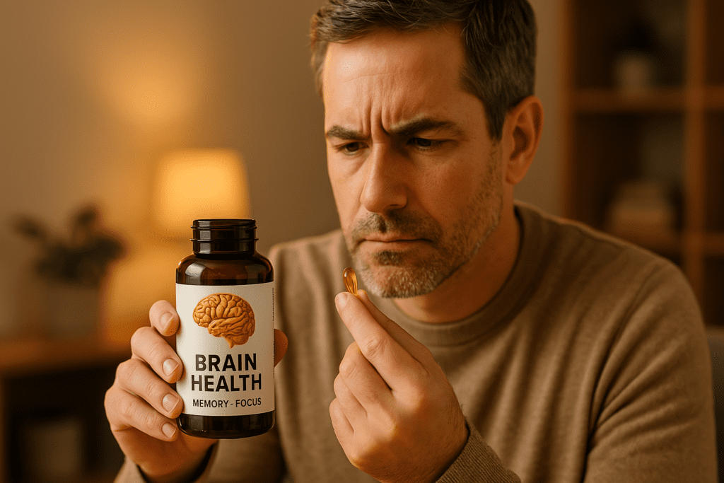 A man in his late 30s holds a golden softgel capsule while closely examining a labeled bottle of “Brain Health – Memory + Focus” in a warmly lit modern living room. The ambient lighting and wooden interior elements evoke a cozy, thoughtful mood, aligning with the theme of choosing high-quality brain supplements to support adult memory and cognitive performance.




