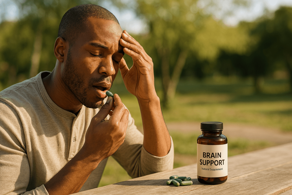 A young African-American man sits outdoors in soft natural morning light, holding a green capsule to his mouth while gently pressing his temple. The background of blurred trees enhances the tranquil mood, emphasizing the natural setting and focus-enhancing benefits of brain support supplements.

