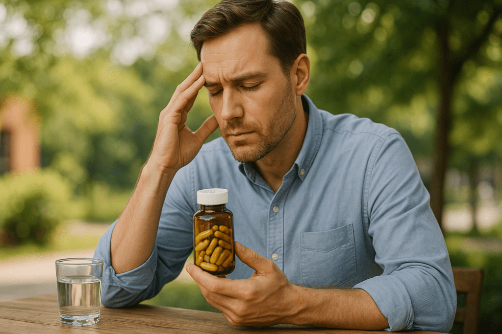 In a sun-dappled park, a light-skinned man with short brown hair sits alone at a wooden table, eyes closed in concentration as he holds a bottle of golden herbal capsules. The scene uses warm ambient lighting and a peaceful environment to highlight natural supplements for mental clarity and cognitive support.

