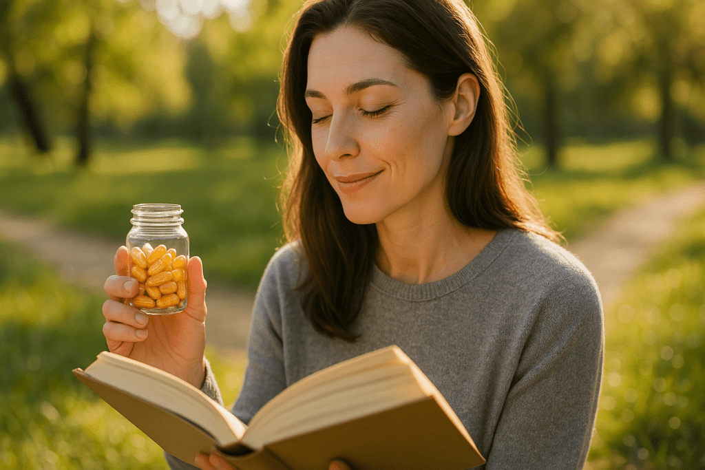A high-resolution photo shows a young woman sitting in a peaceful urban park under soft natural morning light, reading a book while holding a jar of nootropic supplements. Surrounded by lush greenery and sunshine, the image conveys a calm, holistic approach to enhancing brain health naturally.