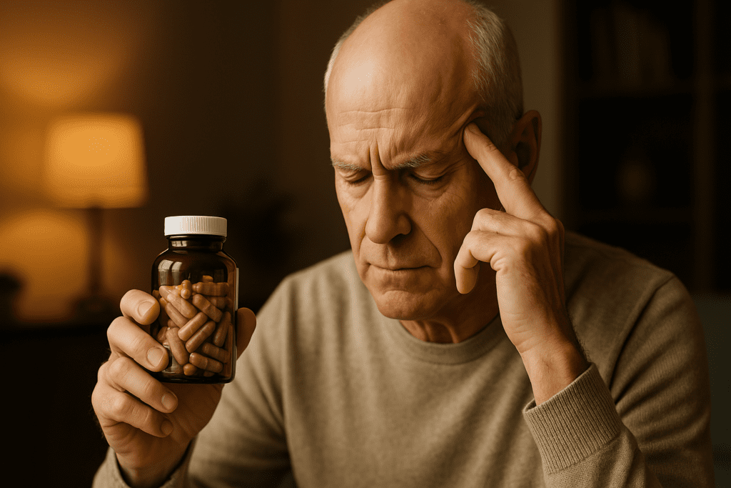 A photorealistic image features an older man with a contemplative look, gently pressing his temple while holding a bottle of natural nootropic supplements under warm indoor lighting. The cozy home setting and ambient glow enhance the theme of cognitive enhancement through mindful, holistic rituals.