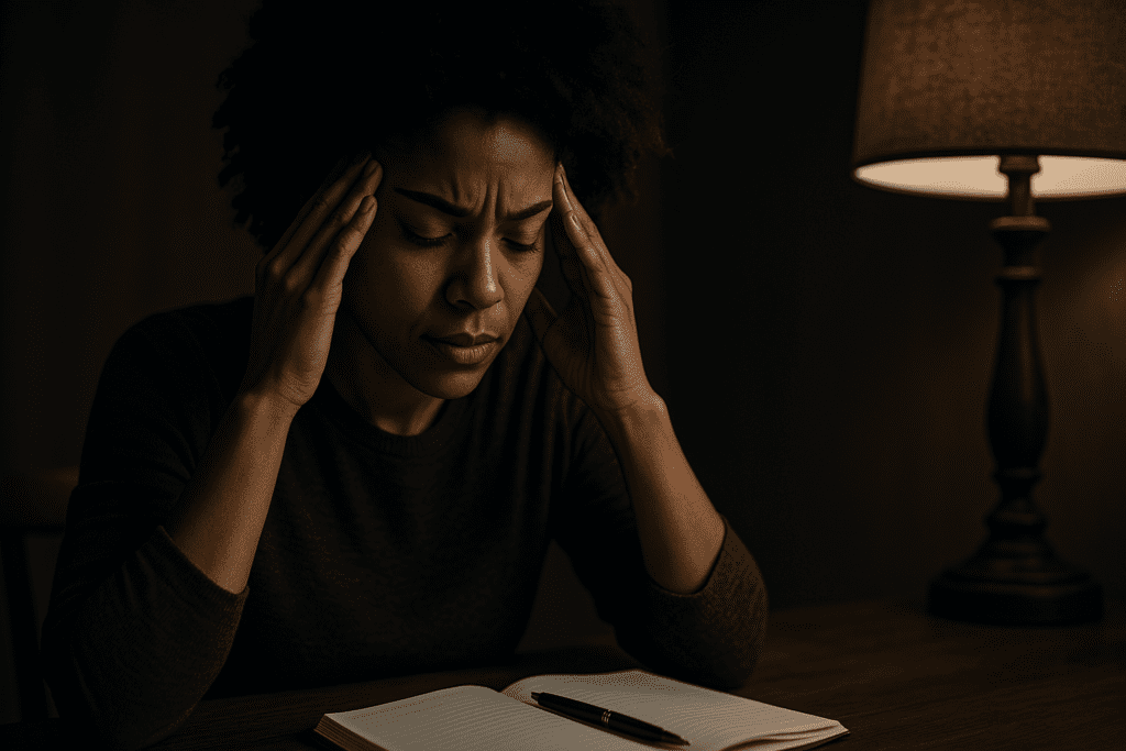 A moody, photorealistic image shows a young Black woman seated at a wooden table in a shadowy room, massaging her temples in deep concentration. The dramatic lighting and intimate setting convey the mental intensity often associated with natural methods for enhancing focus and cognitive performance.




