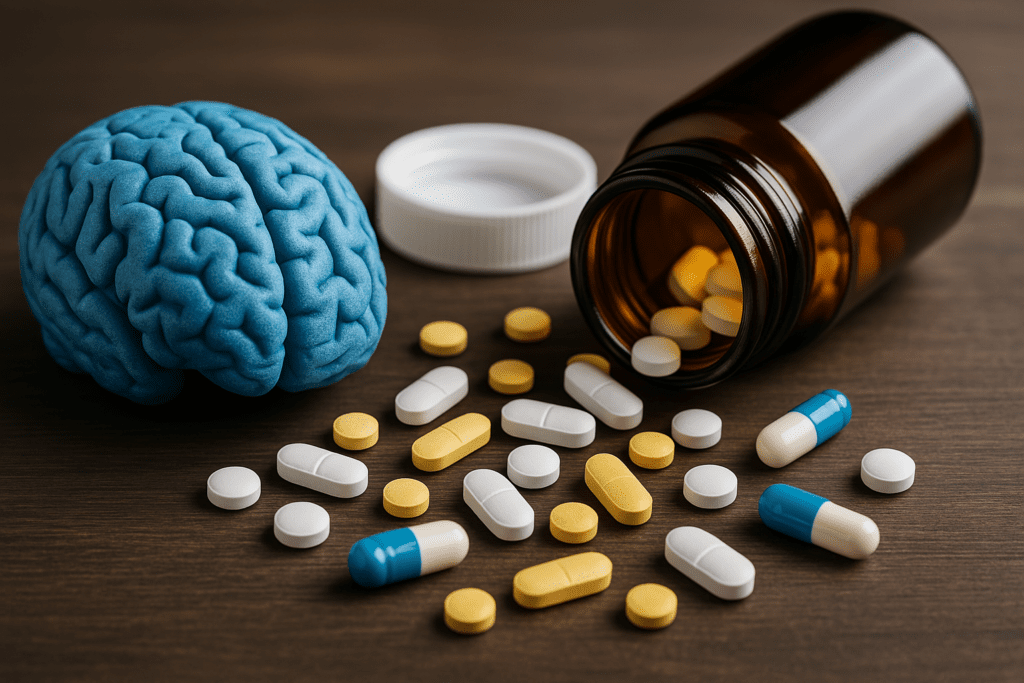 An amber pill bottle spills colorful capsules onto a dark wooden surface beside a bright blue plastic brain model, visually symbolizing the use of nootropics for cognitive enhancement.
