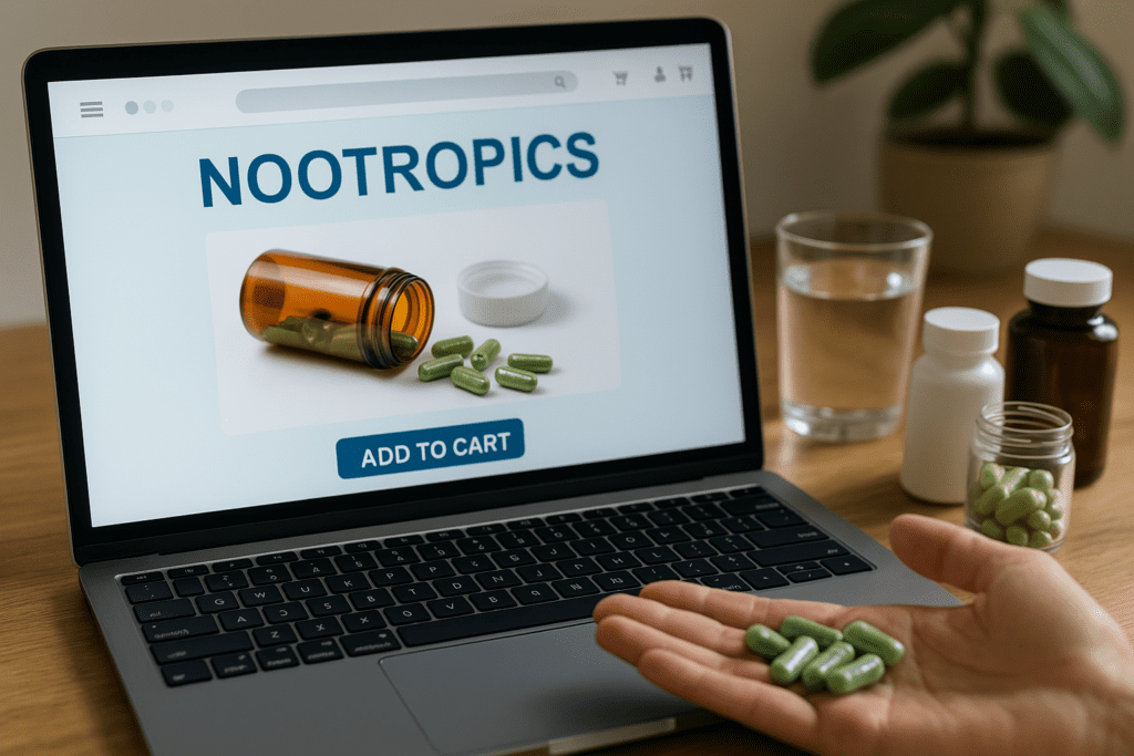 A close-up of a hand holding green capsules next to a laptop screen showing an online nootropic checkout page, highlighting the consumer experience of purchasing brain supplements digitally.