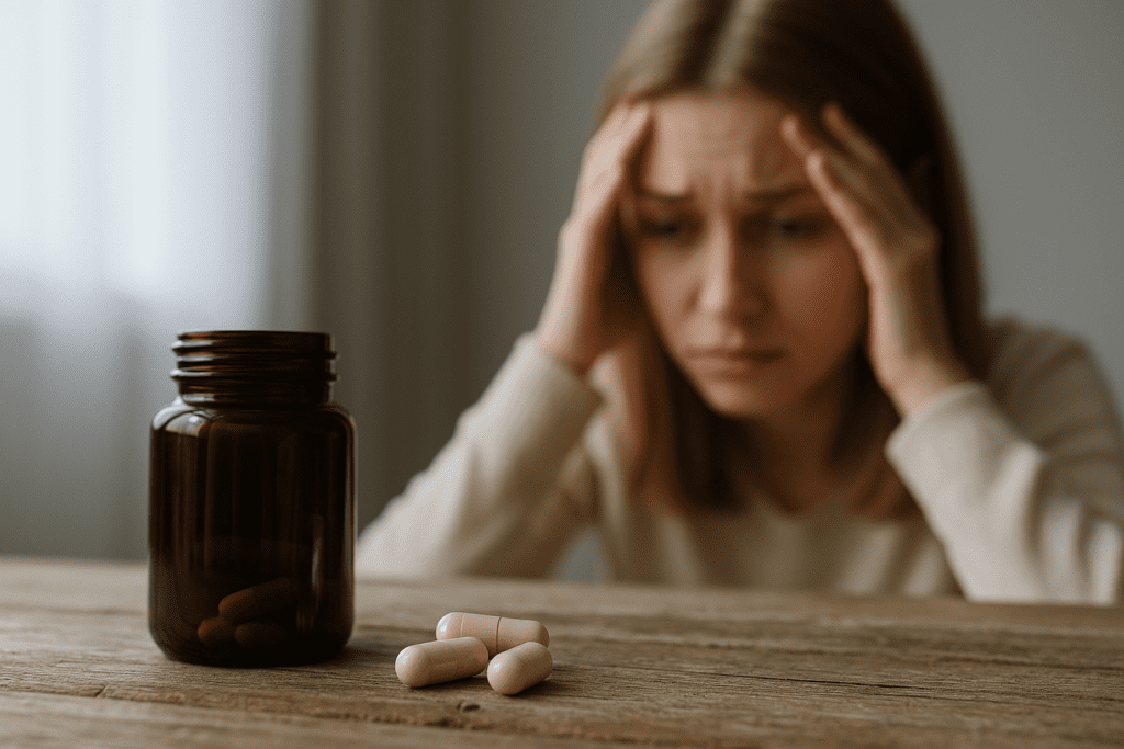A dark amber bottle and several nootropic capsules rest on a rustic wooden table, while a distressed woman in the background holds her head in her hands, representing the emotional struggle of depression and the search for cognitive support.