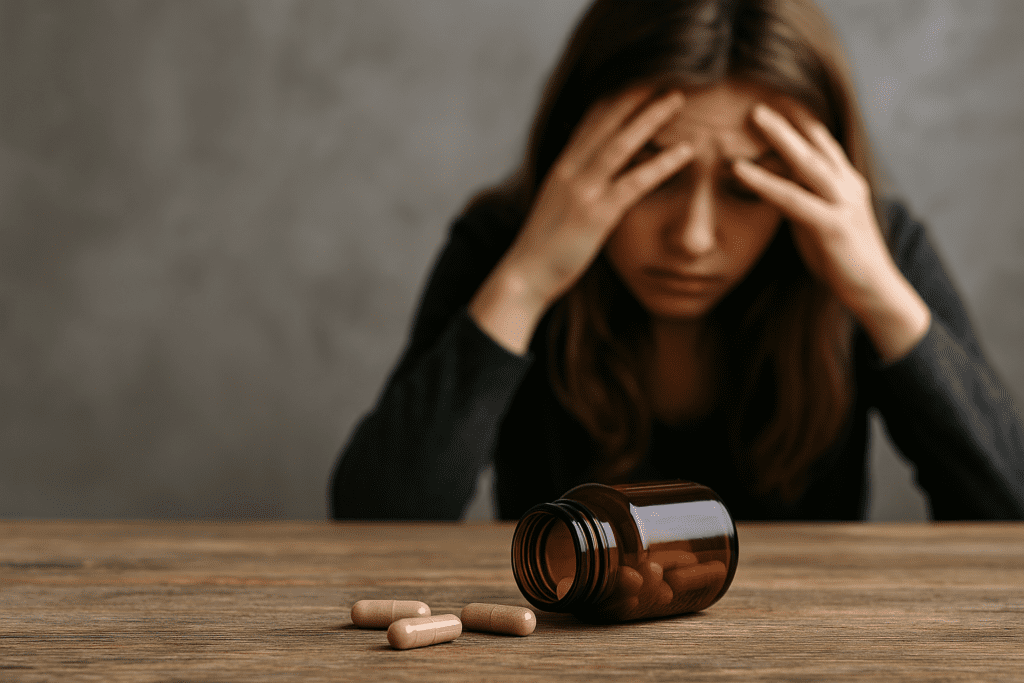 An amber pill bottle lies sideways on a wooden table beside scattered capsules, with a woman in the background holding her head in her hands, capturing the contrast between emotional distress and potential support from nootropics.