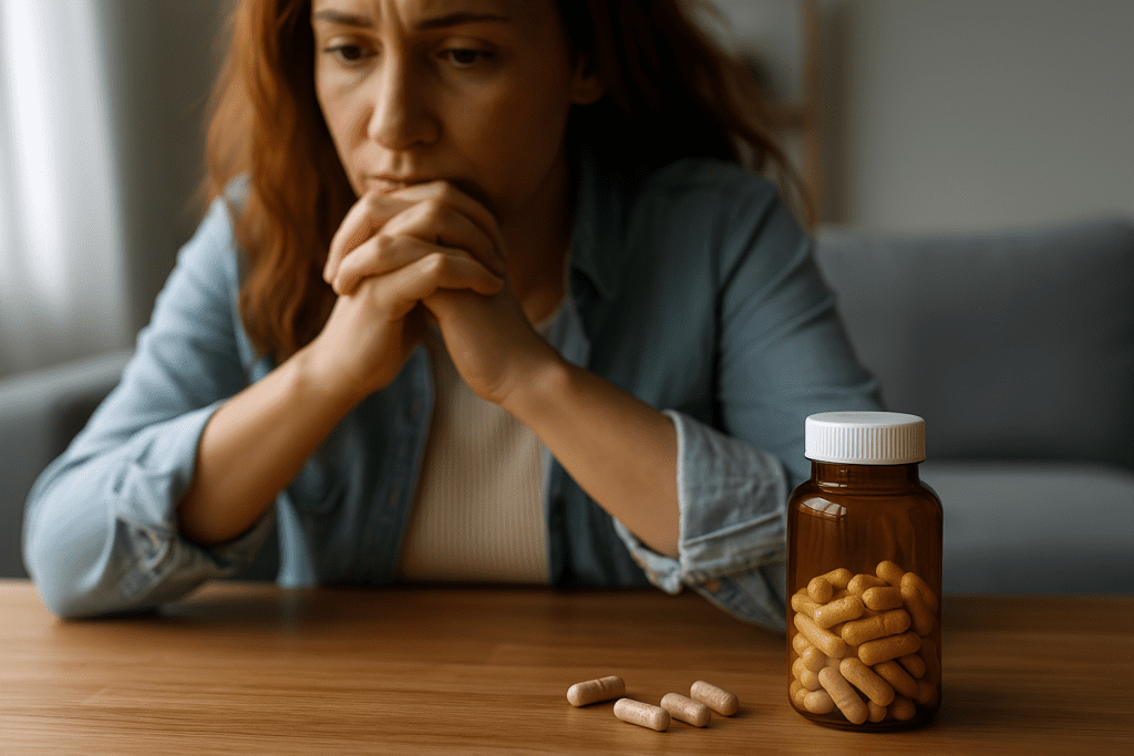 A woman with reddish-brown hair sits pensively at a wooden table beside a transparent pill bottle and capsules, in a softly lit room, reflecting the contemplative mood often associated with depression and the use of nootropics for support.