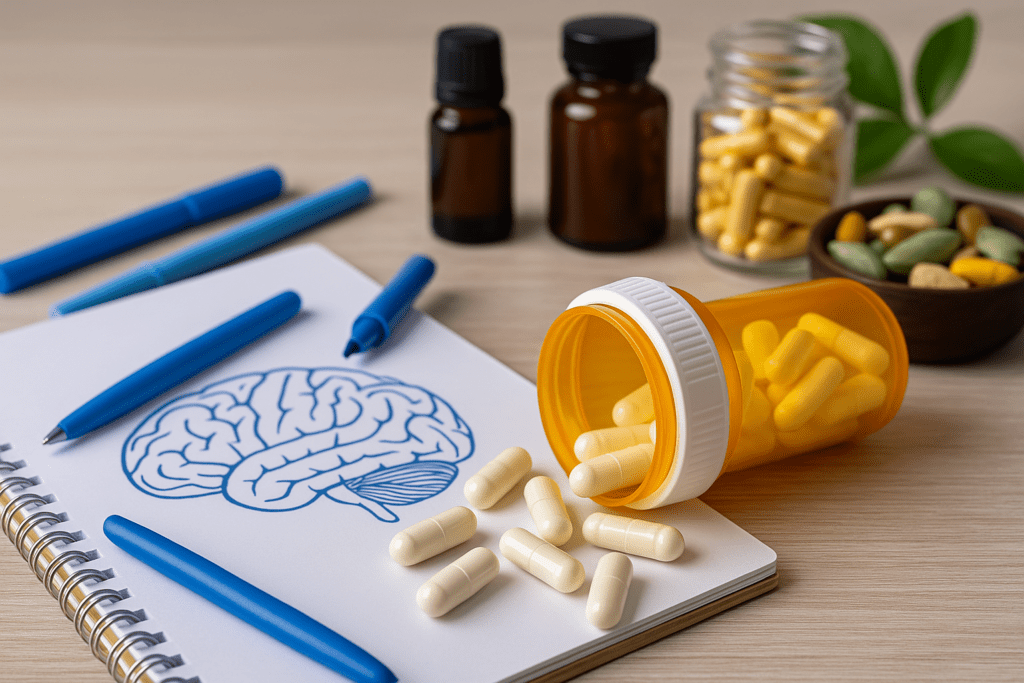 A prescription pill bottle lies on its side next to a notebook with a brain diagram and herbal supplements, symbolizing non stimulant ADHD medication and holistic focus solutions.