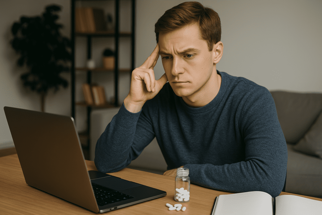 A young man sits at a wooden desk, focusing on his laptop with white pills nearby, reflecting real-world use of non stimulant ADHD meds for adults seeking concentration support.