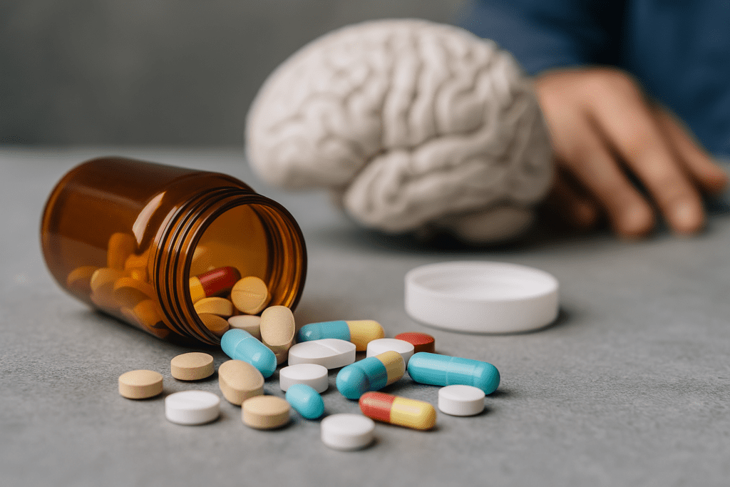 A tipped amber pill bottle spills assorted capsules beside a realistic brain model, illustrating the connection between non stimulant drugs for ADHD and cognitive health.