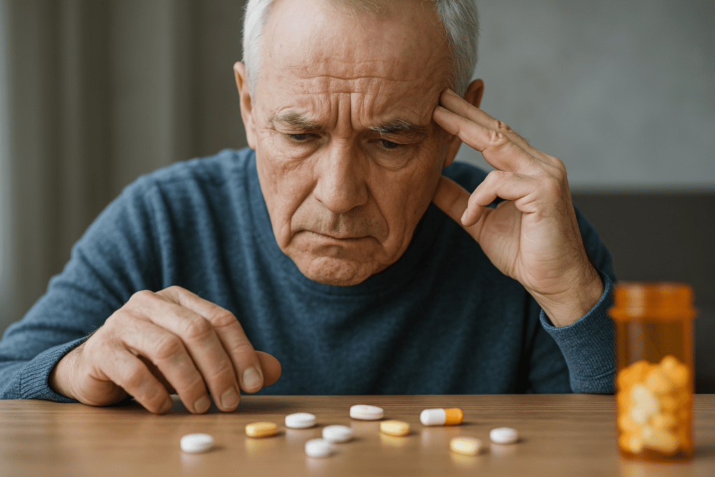 An older man intently examining pills on a wooden table, symbolizing concern over memory loss or dementia potentially linked to medication use.