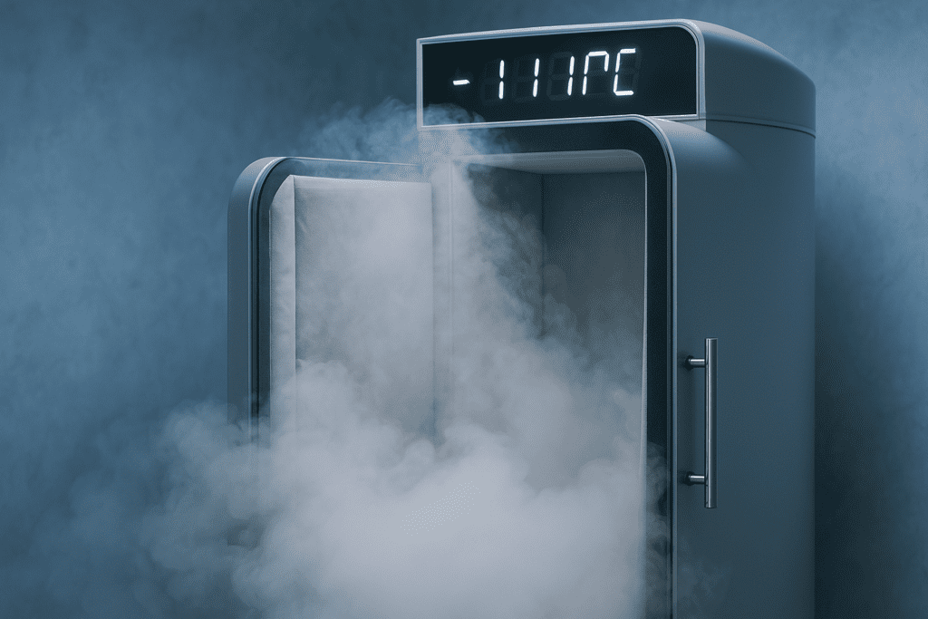 empty cryotherapy chamber releasing cold fog, with digital display showing extreme subzero temperature in a modern wellness setting