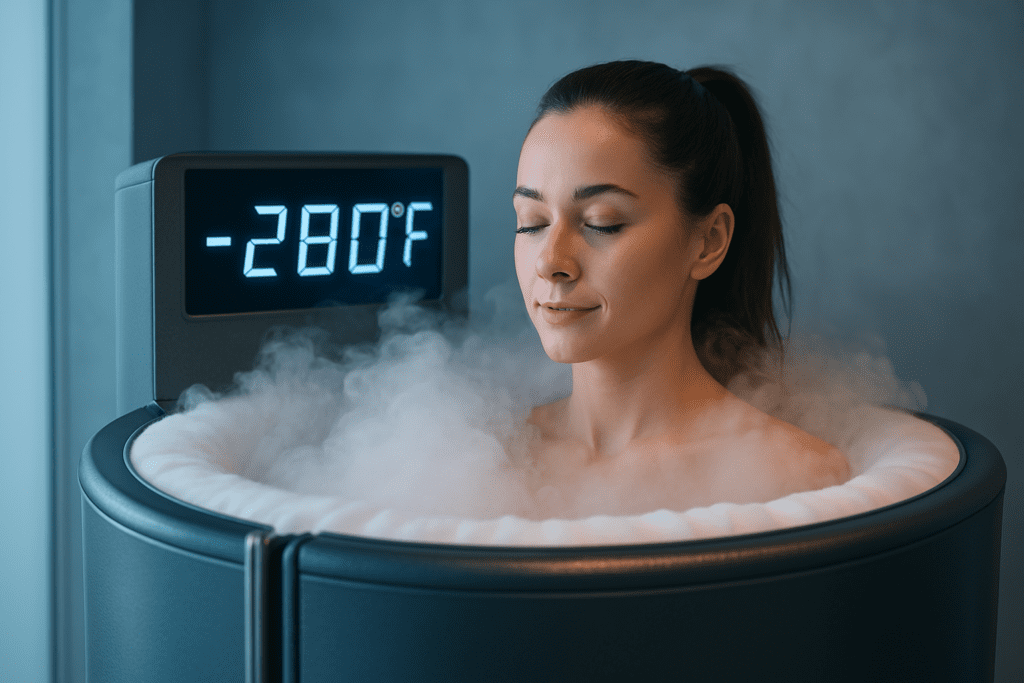 woman in high-tech cryotherapy chamber at -280°F, surrounded by swirling mist in a minimalist cold therapy environment
