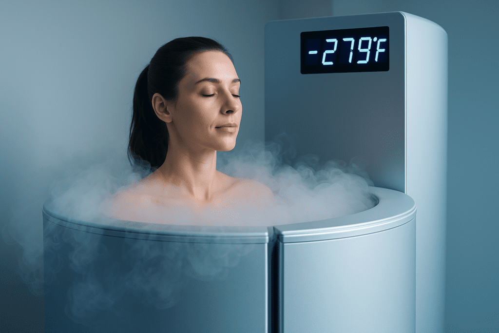 woman inside modern cryotherapy chamber at -279°F, enveloped in mist with calm expression in a sleek, cold-toned wellness environment