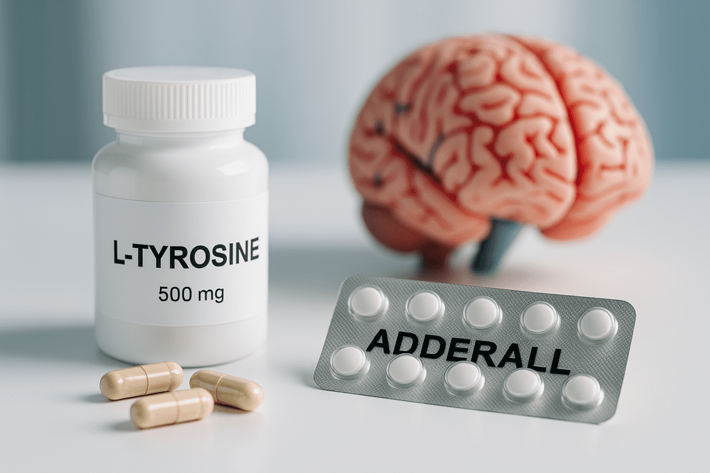 A white bottle labeled L-tyrosine sits beside an Adderall blister pack on a sterile white surface, with a brain model in the background under cool clinical lighting. The image highlights the synergy of l-tyrosine and Adderall in ADHD support and neurotransmitter health.