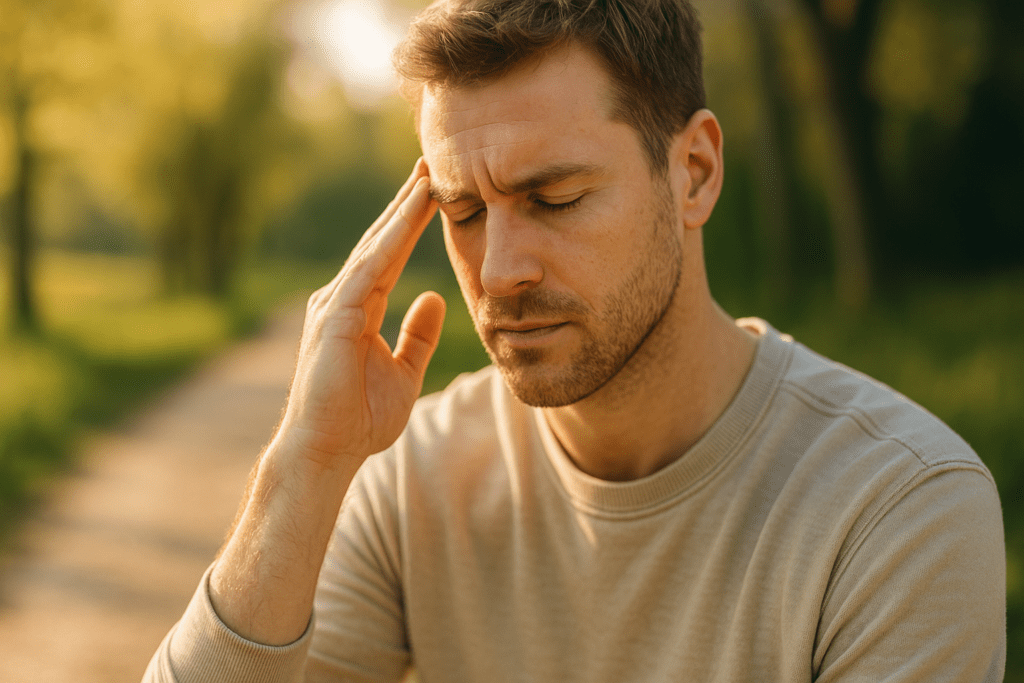 A young man sits on a sunlit park path, gently pressing his fingers to his temple in a moment of focused thought, symbolizing cognitive clarity and natural ADHD support. The soft morning light and tranquil greenery evoke a calming atmosphere tied to mental wellness and l-tyrosine supplementation.