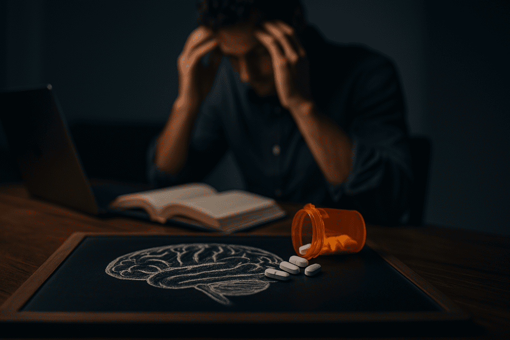 A dimly lit study scene shows a chalk drawing of a brain on a tablet surface beside scattered pills and an open bottle, while a stressed person sits blurred in the background. The moody lighting evokes the emotional toll of ADHD and the need for cognitive support through supplements like L-tyrosine.