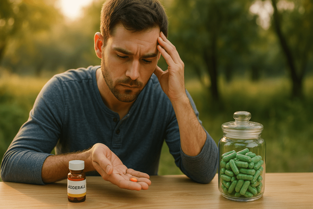 A young man with light skin sits outdoors at a wooden table during golden hour, holding an Adderall pill in one hand and looking down in contemplation. Beside him is an amber pill bottle labeled "Adderall" and a clear jar filled with green nootropic capsules, symbolizing the decision between prescription stimulants and natural ADHD supplements