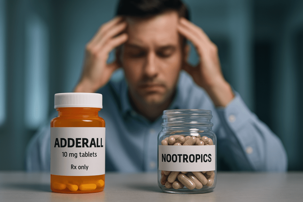 A focused image of an Adderall pill bottle and a nootropics jar side by side on a clinical table, with a stressed man blurred in the background holding his head. The cool-toned lighting and medical environment emphasize the tension between pharmaceutical treatment and natural ADHD supplements