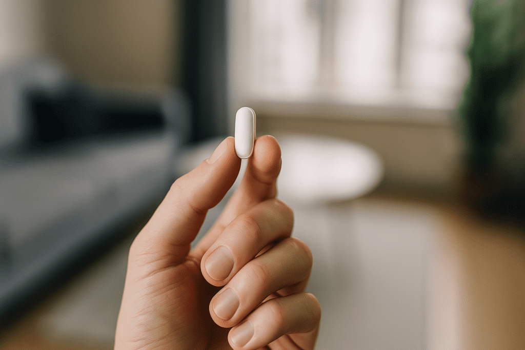 A close-up view of a hand holding a white pill in a bright, modern living room, symbolizing the personal decision-making process behind non-neurodivergent individuals considering focus medications for enhanced mental clarity.