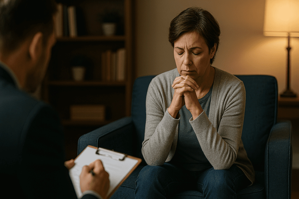 Middle-aged woman in a dark blue chair with eyes closed and hands clasped near her face, appearing introspective during therapy. Emotional therapy session showing a woman in deep thought, warm ambient lighting casting a calm atmosphere in a professional office.