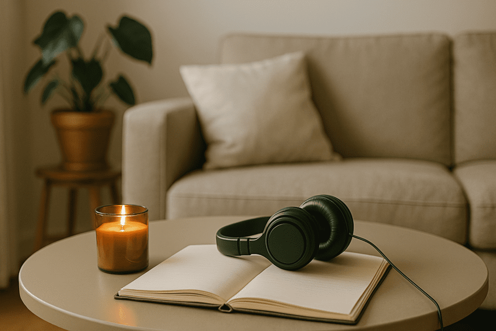 A minimalist coffee table holds an open journal, over-ear headphones, and a lit candle in a cozy living room with a neutral-toned sofa and potted plant, evoking a calming space for relaxation and mental reset.