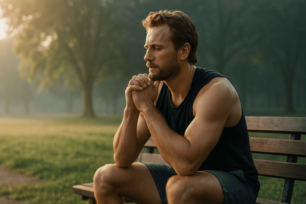 A fit man in athletic wear sits in thoughtful reflection on a wooden bench in a misty park at dawn, hands clasped and eyes focused. This peaceful outdoor scene visually conveys the recovery phase following cryotherapy or other wellness rituals aligned with human optimization.